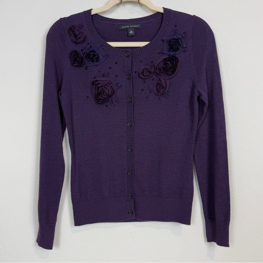 Banana Republic Purple Embellished Cardigan Merino Wool Sweater XS